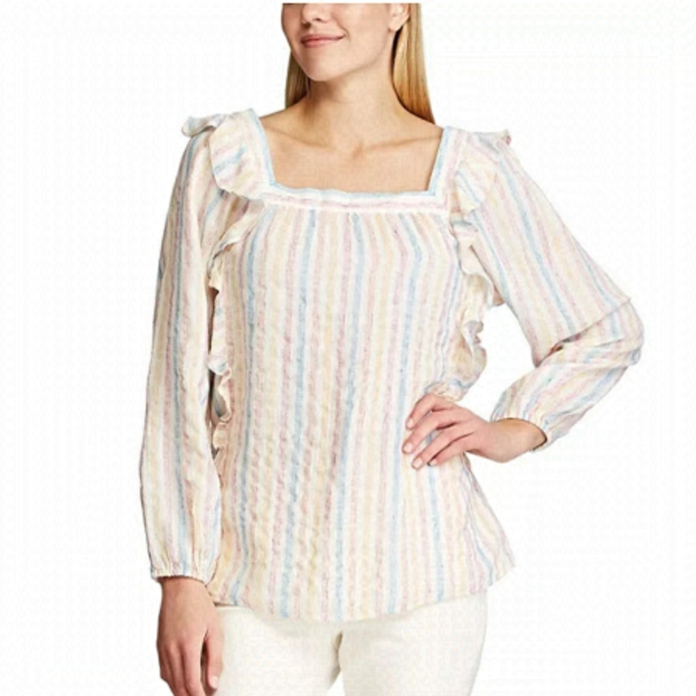CHAPS STRIPED RUFFLES BLOUSE